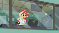 Size: 1920x1080 | Tagged: safe, screencap, sunset shimmer, equestria girls, friendship games, the science of magic, clothes, lab coat, solo, sunset the science gal