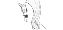 Size: 500x240 | Tagged: safe, artist:setoya, starlight glimmer, pony, unicorn, animated, black and white, bust, eyes closed, gif, grayscale, lidded eyes, looking at you, looking back, monochrome, open mouth, simple background, smiling, smirk, solo, white background