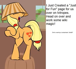 Size: 663x600 | Tagged: safe, applejack, earth pony, pony, female, lampshade, mare, meta, tv tropes