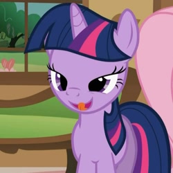 Size: 849x849 | Tagged: safe, derpibooru import, screencap, fluttershy, twilight sparkle, unicorn twilight, pegasus, pony, unicorn, a bird in the hoof, bedroom eyes, bueno, female, licking, licking lips, lidded eyes, looking at you, mare, open mouth, out of context, smiling, solo focus, tongue out