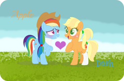 Size: 998x656 | Tagged: safe, artist:cloudysunshine1914, derpibooru import, applejack, rainbow dash, earth pony, pegasus, pony, accessory swap, appledash, blushing, female, heart, lesbian, shipping