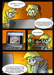 Size: 572x800 | Tagged: safe, artist:neoncabaret, derpy hooves, oc, oc:mel, human, comic:derpy's wish, comic, computer, laptop computer