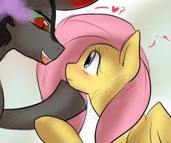 Size: 600x500 | Tagged: artist needed, source needed, safe, fluttershy, king sombra, pegasus, pony, unicorn, blushing, colored horn, crack shipping, curved horn, eye contact, female, heart, horn, looking at each other, male, mare, open mouth, question mark, shipping, simple background, sombra eyes, sombra horn, sombrashy, stallion, straight