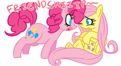 Size: 1016x551 | Tagged: safe, artist:kitty-kitty-koneko, fluttershy, pinkie pie, earth pony, pegasus, pony, duo, duo female, female, mare, pink coat, pink mane, yellow mane