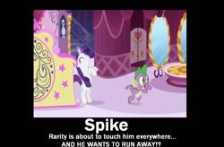 Size: 900x589 | Tagged: safe, edit, edited screencap, screencap, rarity, spike, dragon, pony, unicorn, the ticket master, demotivational poster, meme, poster