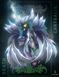 Size: 4000x5192 | Tagged: safe, artist:zidanemina, queen chrysalis, changeling, changeling queen, absurd resolution, anime, armor, colored, crossover, digital art, female, grin, raised hoof, saint seiya, signature, simple background, slit eyes, smiling, solo