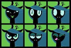 Size: 1551x1041 | Tagged: safe, artist:konno, queen chrysalis, changeling, changeling queen, angry, chart, evil grin, eyes closed, facial expressions, fangs, green background, grin, heart, laughing, looking at you, simple background, smiling, solo