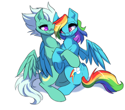 Size: 3300x2920 | Tagged: safe, artist:raremaresam, derpibooru import, fleetfoot, rainbow dash, pegasus, pony, commission, female, fleetdash, hug, lesbian, mare, shipping, simple background, smiling, underhoof, white background