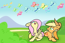 Size: 1600x1068 | Tagged: safe, artist:selective-yellow, applejack, fluttershy, butterfly, earth pony, insect, pegasus, pony, appleshy, butterfly migration, duo, female, floppy ears, happy, lesbian, looking up, lying down, mare, migration, open mouth, prone, raised hoof, shipping, sitting, smiling