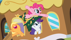 Size: 5000x2813 | Tagged: safe, artist:somepony, applejack, pinkie pie, rarity, earth pony, pony, unicorn, hearth's warming eve (episode), christmas tree, friendship express, hat, hearth's warming eve, high res, train, vector