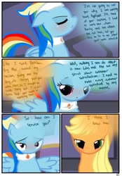 Size: 1741x2500 | Tagged: safe, artist:pyruvate, applejack, rainbow dash, earth pony, pegasus, pony, comic:the usual, appledash, bedroom eyes, blushing, comic, female, lesbian, shipping, spa pony rainbow dash, tsunderainbow, tsundere