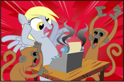 Size: 719x478 | Tagged: safe, artist:montyrohde, derpy hooves, monkey, pegasus, pony, female, mare, typewriter