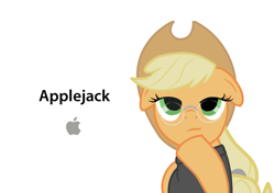 Size: 1000x702 | Tagged: artist needed, source needed, safe, applejack, earth pony, pony, ad parody, apple (company), clothes, female, floppy ears, glasses, hat, hoof on chin, logo, mare, simple background, solo, steve jobs, sweater, turtleneck, white background