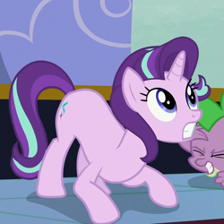 Size: 799x799 | Tagged: safe, screencap, spike, starlight glimmer, dragon, pony, unicorn, to where and back again, anatomically incorrect, cropped, crouching, eyes closed, female, great moments in animation, mare, solo focus