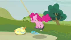 Size: 1136x640 | Tagged: safe, screencap, pinkie pie, earth pony, pony, too many pinkie pies, animation error, eyes closed, female, goggles, inner tube, mare, snorkel, swimming goggles, swing