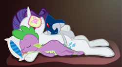 Size: 3613x1992 | Tagged: safe, artist:qtmarx, rarity, spike, dragon, pony, unicorn, azelf, crossover, female, male, pokémon, shipping, sleep mask, sleeping, sparity, straight