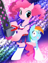 Size: 1200x1600 | Tagged: safe, artist:nabe, derpibooru import, pinkie pie, rainbow dash, earth pony, pegasus, pony, bipedal, candy, chainsaw, disembodied head, female, food, lollipop, lollipop chainsaw, looking at you, mare
