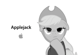 Size: 1000x702 | Tagged: artist needed, safe, edit, applejack, earth pony, pony, ad parody, apple (company), clothes, female, floppy ears, glasses, hat, hoof on chin, logo, mare, simple background, solo, steve jobs, sweater, turtleneck, white background