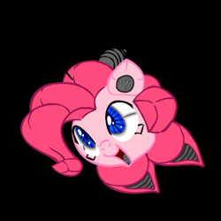 Size: 1280x1280 | Tagged: safe, artist:inkwell, pinkie pie, oc, oc only, oc:pink-e, earth pony, pony, robot, fallout equestria, black background, fallout, fallout: new vegas, fanfic, fanfic art, female, head, mare, ministry mares, open mouth, simple background, solo, spritebot