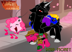 Size: 917x667 | Tagged: safe, artist:inkwell, pinkie pie, oc, oc:cherry pie, oc:pink-e, alicorn, earth pony, pony, robot, fallout equestria, alicorn oc, colored hooves, domino mask, eyes closed, fallout, fallout: new vegas, fanfic, fanfic art, female, floppy ears, flying, god, hat, hooves, horn, male, mare, ministry mares, new pegas, open mouth, pipbuck, stallion, sunglasses, text, wings