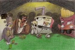 Size: 2189x1468 | Tagged: safe, artist:datte-before-dawn, derpy hooves, human, adult swim, aqua teen hunger force, black dynamite, crossover, early cuyler, frylock, jailbot, master shake, meatwad, poker, squidbillies, superjail, traditional art, warden