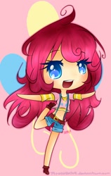 Size: 1440x2272 | Tagged: safe, artist:pipskitts204, pinkie pie, belly button, belt, chibi, clothes, cutie mark, humanized, midriff, shorts, smiling, solo, suspenders