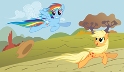 Size: 8000x4644 | Tagged: safe, artist:stabzor, applejack, rainbow dash, earth pony, pegasus, pony, absurd resolution, loose hair, running