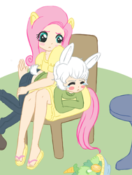 Size: 370x490 | Tagged: safe, artist:pastel-hime, angel bunny, fluttershy, chair, clothes, dress, eared humanization, eyes closed, feet, flip-flops, fluttermom, humanized, humanized pet, midriff, sandals, sitting, spanking, tailed humanization