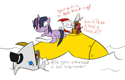 Size: 1000x639 | Tagged: safe, artist:autonomous-zed, derpibooru import, big macintosh, twilight sparkle, earth pony, pony, shark, context is for the weak, grimdark big mac, hat, male, paranoid twilight, santa claus, stallion, top hat, yellow submarine