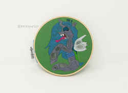 Size: 1500x1100 | Tagged: safe, artist:hipsterowlet, queen chrysalis, changeling, changeling queen, embroidery, solo, tongue out, traditional art