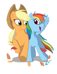 Size: 1275x1650 | Tagged: safe, artist:minxie777, applejack, rainbow dash, earth pony, pegasus, pony, blonde mane, blue coat, blue wings, duo, female, mare, multicolored mane, orange coat, wings