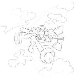 Size: 800x800 | Tagged: safe, artist:archonix, pinkie pie, earth pony, pony, bomb, dr. strangelove, hat, lineart, monochrome, riding a bomb, solo