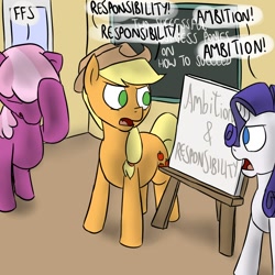 Size: 1000x1000 | Tagged: safe, artist:timsplosion, applejack, cheerilee, rarity, earth pony, pony, unicorn, argument, chalkboard, facehoof, no pupils