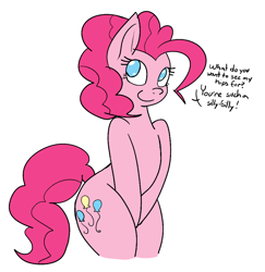 Size: 906x932 | Tagged: dead source, safe, artist:reiduran, pinkie pie, pony, semi-anthro, bipedal, cute, dialogue, diapinkes, hips, simple background, solo