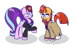 Size: 5255x3290 | Tagged: safe, artist:ryuyo, starlight glimmer, sunburst, pony, unicorn, absurd resolution, ford pines, glasses, gravity falls, grunkle stan, simple background, stan pines, transparent background