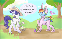 Size: 3893x2448 | Tagged: safe, artist:invalidabsence, derpibooru import, pinkie pie, rainbow dash, rarity, earth pony, pegasus, pony, unicorn, basket, bunny costume, clothes, costume, easter, easter egg, hat, necklace