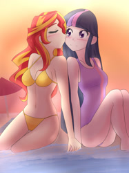 Size: 1280x1709 | Tagged: safe, artist:jonfawkes, sunset shimmer, twilight sparkle, human, belly button, bikini, blushing, cleavage, clothes, female, holding hands, humanized, kissing, lesbian, long hair, one-piece swimsuit, sexy, shipping, sunsetsparkle, swimsuit