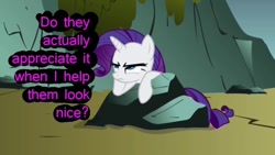 Size: 640x360 | Tagged: safe, edit, edited screencap, screencap, rarity, pony, unicorn, dragonshy, doubt, image macro, inner thoughts, introspective, purple text, resentment, solo