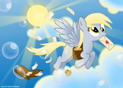Size: 1920x1376 | Tagged: safe, artist:artention, derpy hooves, pegasus, pony, bubble, female, flying, letter, mail, mailbag, mare, mouth hold, muffin, saddle bag, sky, solo, sun