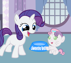 Size: 3000x2650 | Tagged: safe, artist:bronyboy, rarity, sweetie belle, pony, unicorn, baby, baby belle, baby pony, behaving like a cat, bow, face doodle, foal, water bowl, whiskers, window