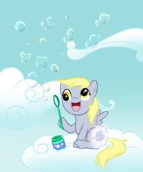 Size: 1000x1200 | Tagged: safe, artist:nana-z, derpy hooves, bubble blower, cloud, cloudy, cutie mark, filly, soap bubble, solo, younger