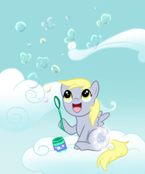 Size: 1000x1200 | Tagged: safe, artist:nana-z, derpy hooves, bubble, bubble blower, cloud, cloudy, cutie mark, filly, soap bubble, underp, younger