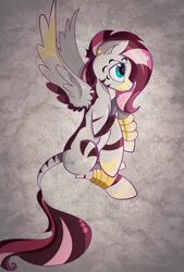 Size: 3344x4940 | Tagged: safe, artist:llamaswithkatanas, artist:stock7000, fluttershy, pegasus, pony, zebra, digital art, earring, flying, ring, shy, solo, zebrafied, zebrasus