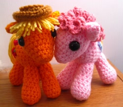 Size: 2514x2178 | Tagged: safe, artist:acrylicsheep, applejack, pinkie pie, pony, amigurumi, crochet, hat, irl, photo, plushie