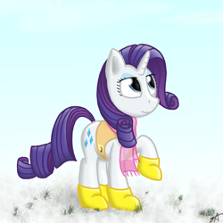 Size: 2000x2000 | Tagged: safe, artist:strachattack, rarity, pony, unicorn, winter wrap up, animal team, boots, clothes, female, looking up, mare, raised hoof, scarf, shoes, snow, solo, vest, winter, winter wrap up vest