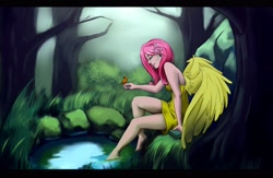 Size: 3178x2067 | Tagged: safe, artist:forgotten-wings, fluttershy, clothes, dress, forest, humanized, water, winged humanization