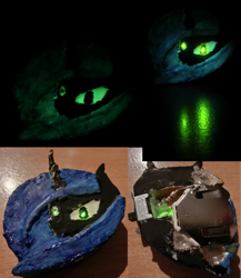 Size: 2356x2716 | Tagged: safe, artist:bastler, derpibooru exclusive, queen chrysalis, changeling, changeling queen, 3d print, brooch, bust, collage, electronics, female, glow in the dark, glowing eyes, irl, led, light, painted, photo, portrait, solo
