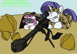 Size: 1024x720 | Tagged: safe, artist:filipinoninja95, rarity, sweetie belle, pony, unicorn, .50 cal, barrett, binoculars, call of duty, gritted teeth, gun, magic, prone, rifle, rock, scope, sniper, telekinesis, weapon