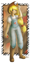 Size: 578x1200 | Tagged: safe, artist:limera, applejack, apple, food, humanized, overalls, solo