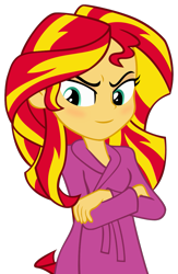 Size: 769x1182 | Tagged: safe, artist:bootsyslickmane, sunset shimmer, equestria girls, alternate costumes, bathrobe, blushing, clothes, crossed arms, robe, simple background, solo, transparent background